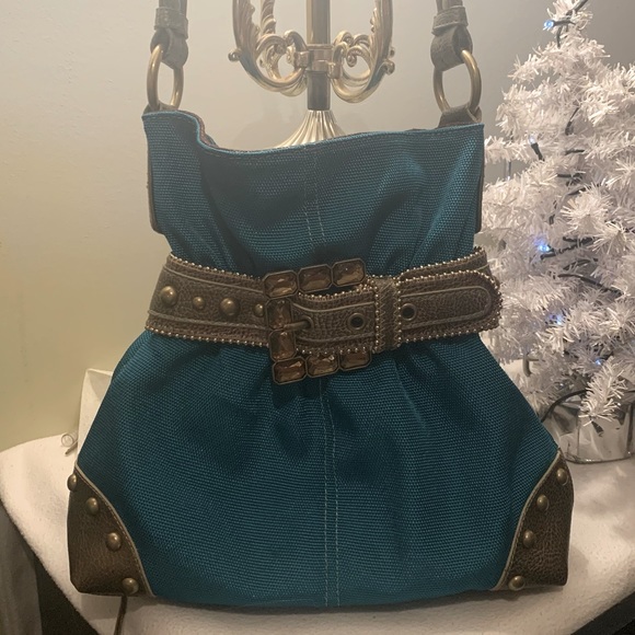 -SOLD-Kathy Van Zeeland Teal Cowgirl Rhinestone Buckle Shoulder Bag - Picture 1 of 8